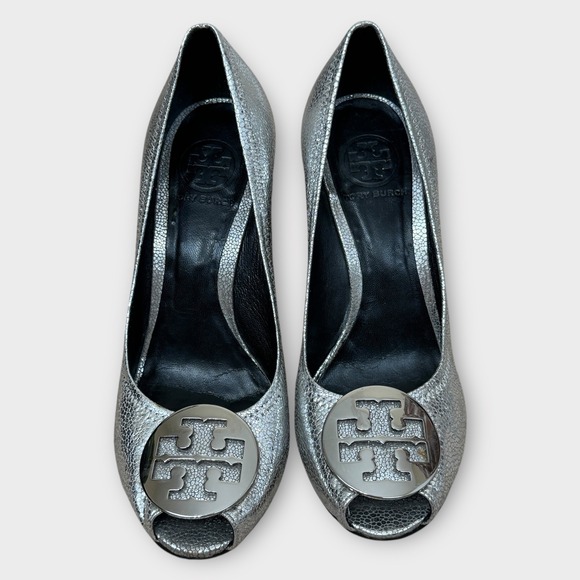 Tory Burch Julianne Silver Metallic Leather Peep Toe Wedge Heels Pumps 8.5M - Picture 1 of 9